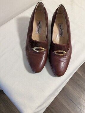 Women's Brown Leather And Suede Slip-On Pumps with Gold Accent Eu Size 38.5. GUC